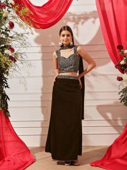 INDO STREET - Women Brown Velvet Sleeveless Lehenga with Choli and Dupatta