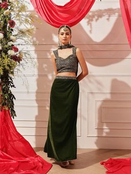 INDO STREET - Women Olive Velvet Sleeveless Lehenga with Choli and Dupatta
