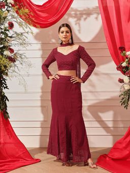 INDO STREET - Women Red Polyester Full Sleeves Lehenga with Choli and Dupatta