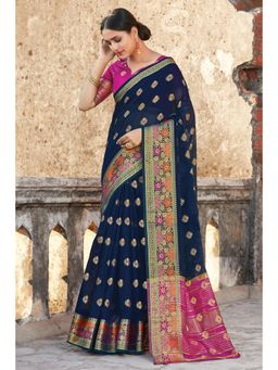Sangam Prints - Navy Blue Cotton Woven Work Traditional Saree with Unstitched Blouse
