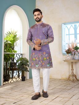 Pink Ethnic - Lavender Cranchi Silk Embroidered Men's Kurta