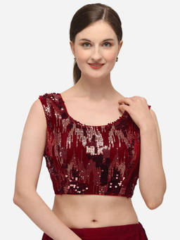 Amrutam Fab - Womens Embroidered & Sequence Work Maroon Velvet Stiched Blouse With Round Neck