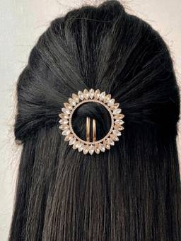 Peora - Gold Plated Floral Ring Studded Hair Bun Pin with White Stones - PF113HB02G