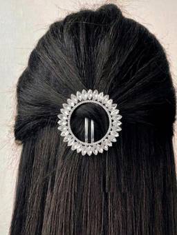 Peora - Rhodium Plated Floral Ring Studded Hair Bun Pin with White Stones - PF113HB02S