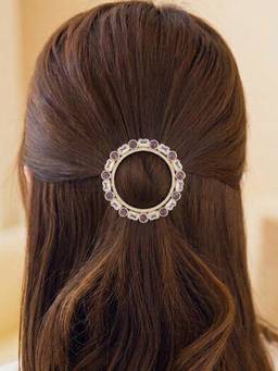 Peora - Gold Plated Circular Hair Bun Pin with White and Maroon Stone Detailing - PF113HB03G