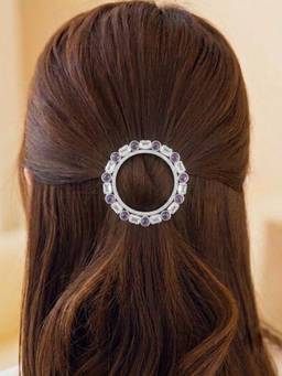 Peora - Rhodium Plated Circular Hair Bun Pin with White and Maroon Stone Detailing - PF113HB03S