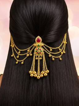 OOMPH - Gold Heritage Rajwadi with Ghungroo Kashmiri Hair Bun Juda Pin with Hair Chain