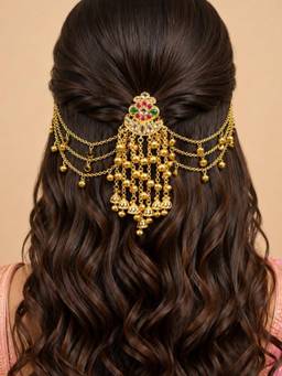 OOMPH - Gold Heritage Rajwadi with Ghungroo Kashmiri Hair Bun Juda Pin with Hair Chain