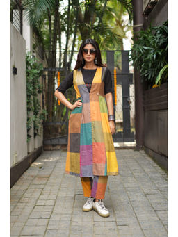 EARTHWEAR - Mustard Checks Handloom Cotton Long Overlay