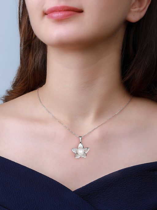 GIVA Sterling Silver Floral Pearl Pendant with Link Chain for Girls and Womens