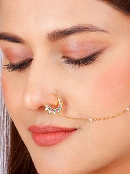 GIVA - Sterling Silver Golden Colourful Nose Ring with Chain for Womens and Girls