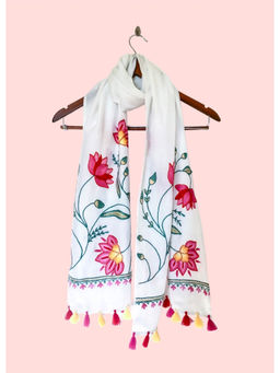 URZUV - White Kashmiri Hand Embroidered Aari Summer Stole