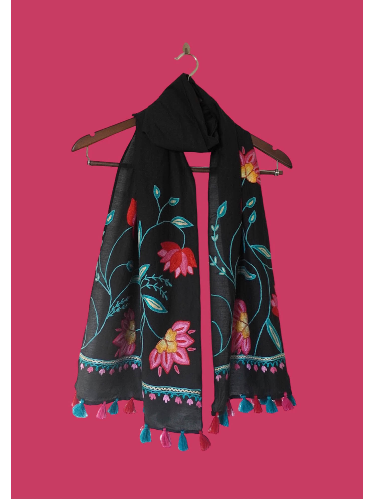 urzuv Black Kashmiri Hand Embroidered Aari Summer Stole-picture-23