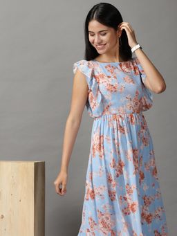 SHOWOFF - Womens Round Neck Midi Blue Printed Dress