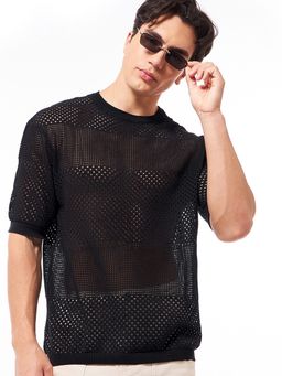 Bewakoof - Men's Black Oversized Flatknit T-shirt
