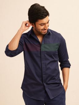 The Bleu Label - Mens Casual Full Sleeves Collar Neck Shirt Navy Blue