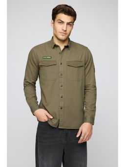 FREAKINS - Rugged Olive Flap Pocket Mens Long Sleeve Shirt