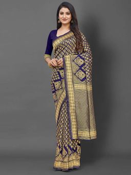 Akhilam - Women Silk Blend Navy Blue Celebrity Saree with Unstitched Blouse
