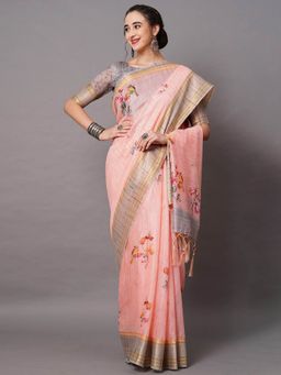 Odette - Peach Festive Linen Blend Printed Saree with Unstitched Blouse
