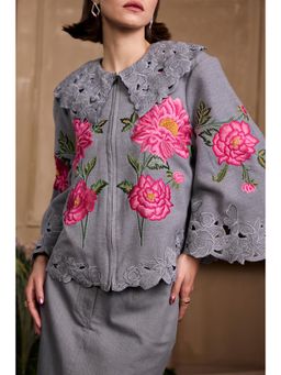 CHANDRIMA - Grey Rose Threadwork Short Jacket