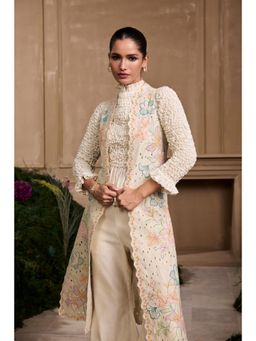 CHANDRIMA - Ivory Pastel Floral Quilted Embroidered Long Jacket