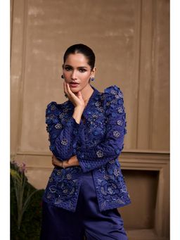 CHANDRIMA - Cobalt Blue Metallic Quilted Peplum Jacket