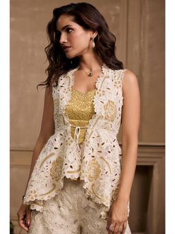 CHANDRIMA - Ivory Metallic Applique and Cutwork Peplum Jacket