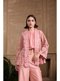 CHANDRIMA - Rose Pink Metallic Applique and Cutwork Flared Jacket