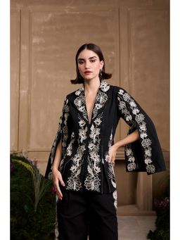 CHANDRIMA - Black Contrast Work Zipper Detail Blazer