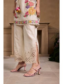 CHANDRIMA - Ivory Chanderi Sheer Panelled Cutwork Pant