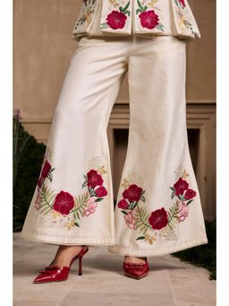 CHANDRIMA - Ivory Floral Foliage Bell Bottom Style Pant