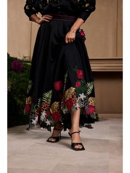CHANDRIMA - Black Floral Foliage Applique Embroidered and Cutwork Skirt