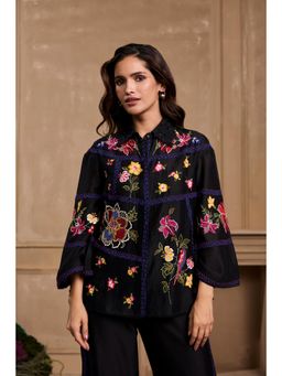 CHANDRIMA - Black Floral Embroidered Panel Shirt