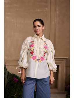 CHANDRIMA - Ivory Yoke Detail Embroidered Shirt