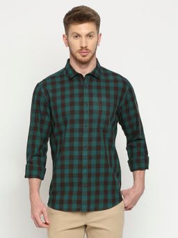 BASICS - Slim Fit Alexandrite Green Cotton Twill Checks Shirt