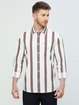 BASICS - Slim Fit Sugar White Cotton Viscose Stripe Shirt