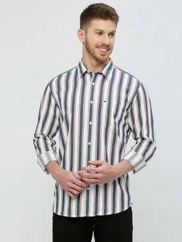 BASICS - Slim Fit Horizon Navy Blue Cotton Tencel Twill Stripe Shirt