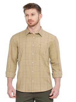 BASICS - Slim Fit Iced Coffee Beige Polyester Viscose Melange Checks Shirt