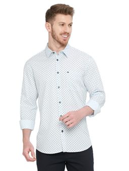 BASICS - Slim Fit Ice Water Blue Cotton Twill Printed Shirt