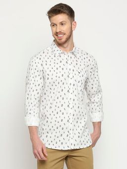 BASICS - Slim Fit Whisper White Cotton Polyester Cavalry Printed Shirt