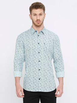 BASICS - Slim Fit Sterling Blue Cotton Poplin Printed Shirt
