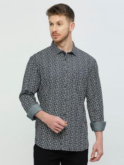 BASICS - Slim Fit Maritime Navy Blue Cotton Indigo Printed Shirt