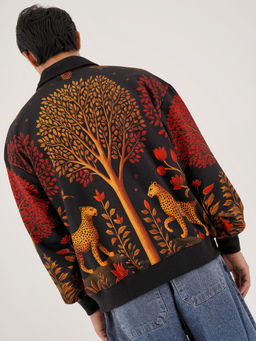 CLAZZEY - Black Artistic Wildwood Graphic Printed Fur-Lined Zip-Up Jacket