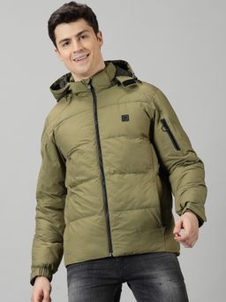 BLACK BUCK - Men Green Puffer Detachable Hood Jacket