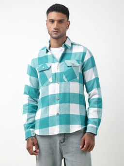SHOWOFFFF - Men Checked Sea Green Regular Fit Shacket