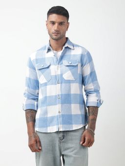 SHOWOFF - Men Checked Blue Regular Fit Chest Pockets Shacket