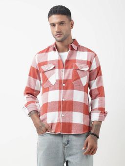 SHOWOFF - Men Checked Red Regular Fit Chest Pockets Shacket
