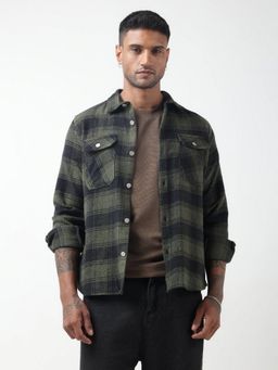 SHOWOFF - Men Checked Green Plaid Chest Pockets Shacket
