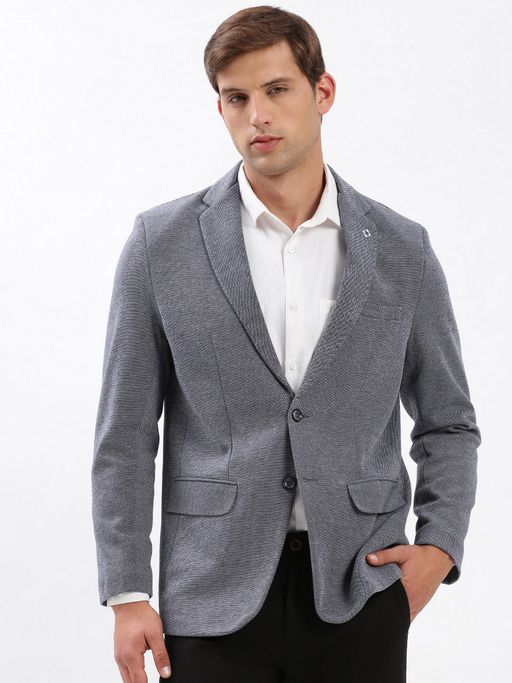 SHOWOFFFF Men Notched Lapel Solid Blue Single-Breasted Blazer