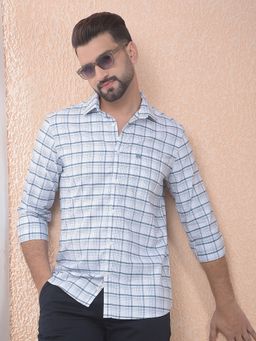 CRIMSOUNE CLUB - Men Blue Checked Pure Cotton Slim Fit Shirt